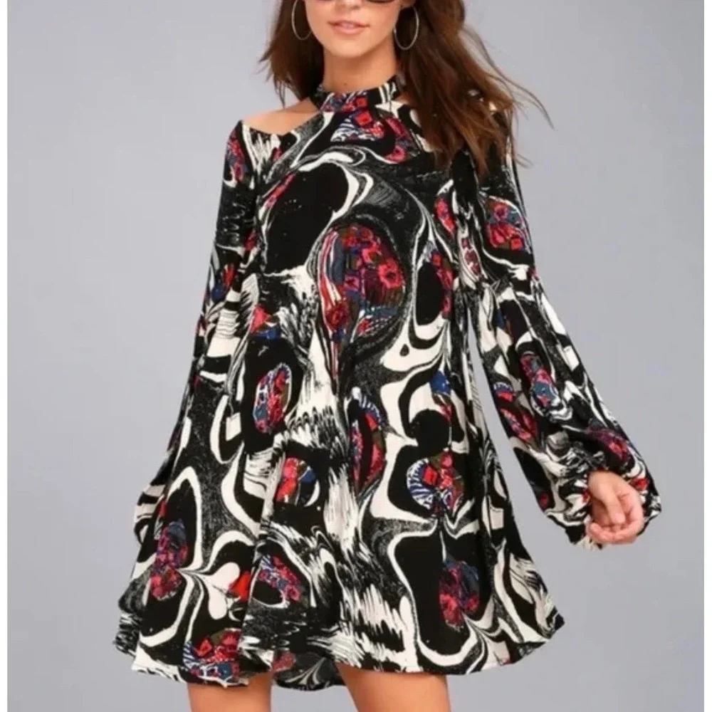 Free People Drift Away Top/Dress High Neck Peekaboo Shoulder Balloon Sleeve Sz S